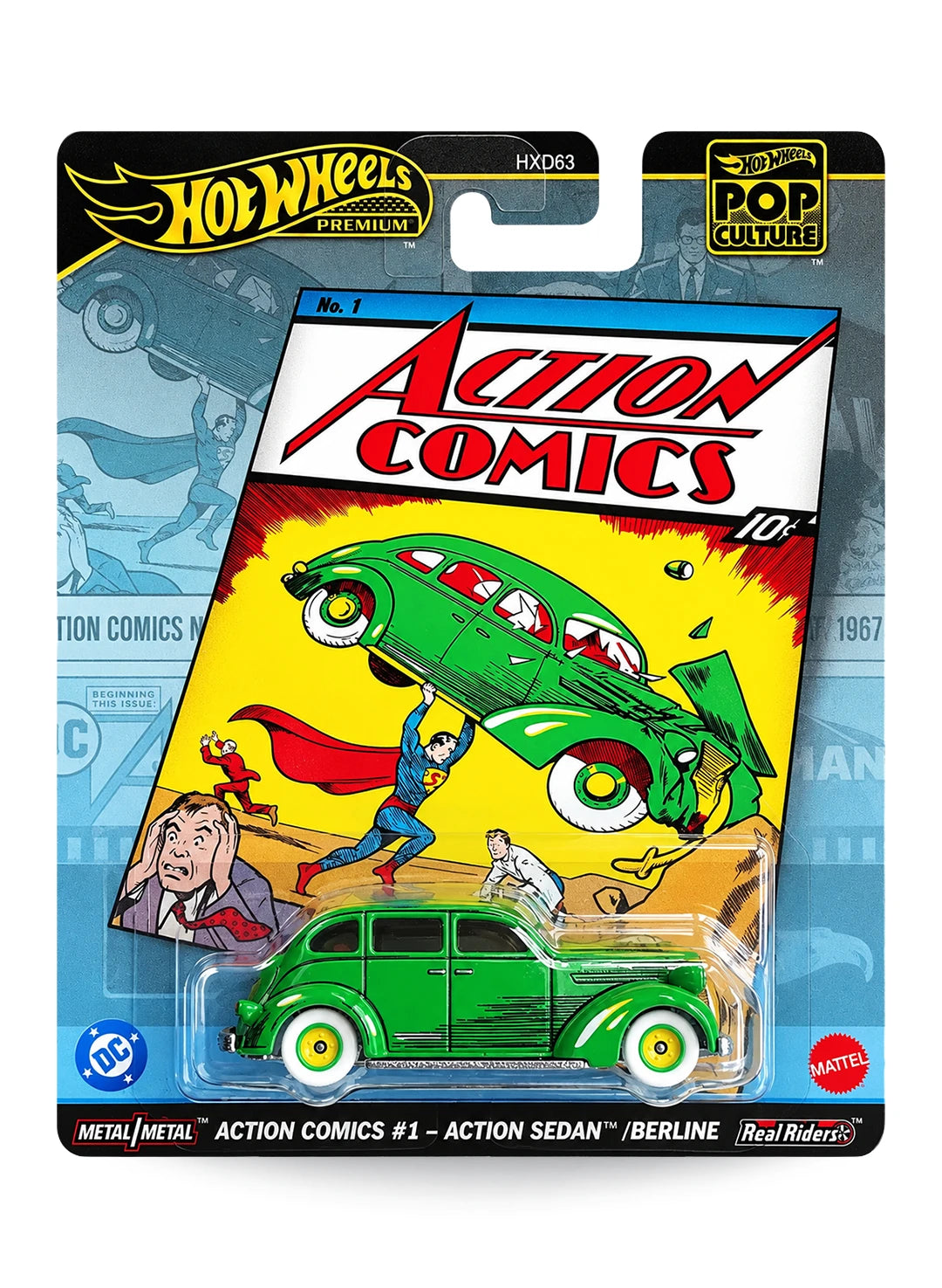 Hot Wheels Premium Pop Culture DC Action Comics #1 Action Sedan 1:64 scale premium diecast car mint on its original vintage comic book themed blister card.