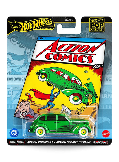 Hot Wheels Premium Pop Culture DC Action Comics #1 Action Sedan 1:64 scale premium diecast car mint on its original vintage comic book themed blister card.