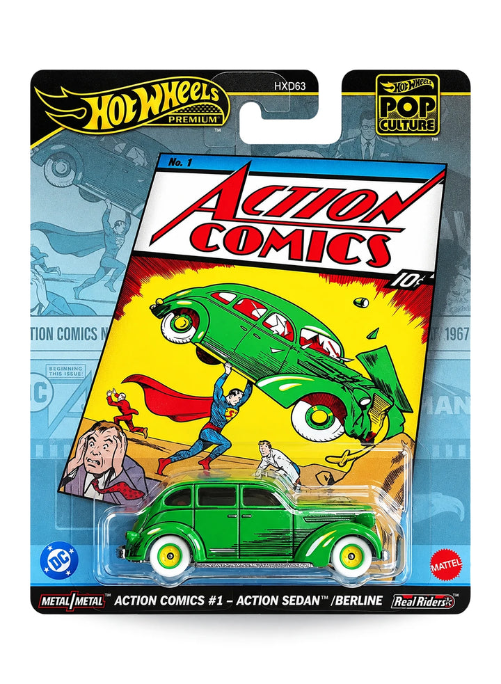 Hot Wheels Premium Pop Culture DC Action Comics #1 Action Sedan 1:64 scale premium diecast car mint on its original vintage comic book themed blister card.