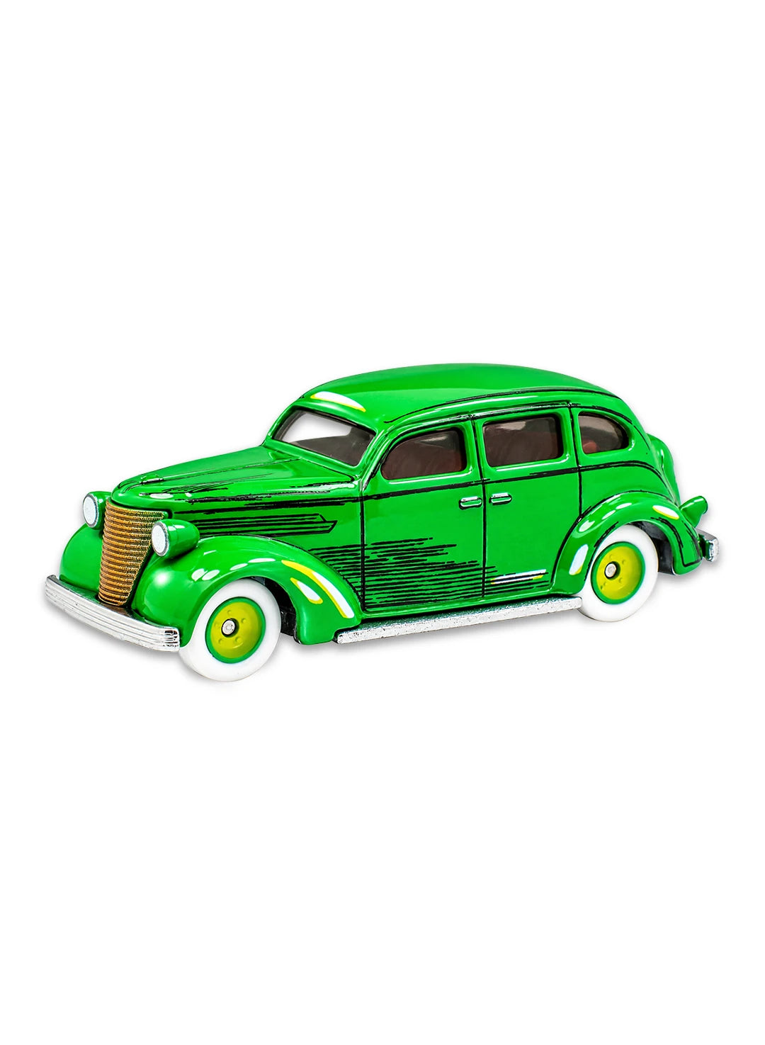 Close-up view of the bright green Hot Wheels Action Comics #1 Action Sedan showing retro chrome grilles, cream accents, and green-centered white wall Real Riders wheels.