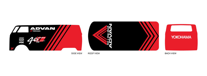 Advan 04 placement preview for a 1:64 VW Panel Bus, with red-black sides, diagonal stripes, red roof
chevrons and white ADVAN YOKOHAMA lettering.
