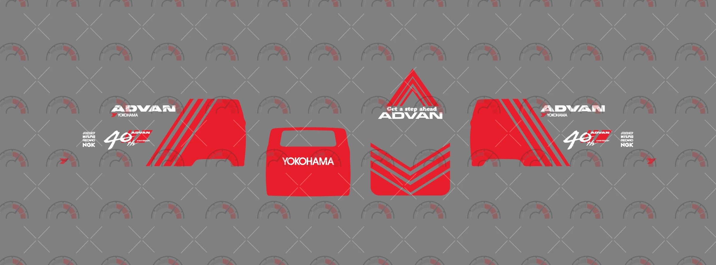 Advan 04 decal sheet for a 1:64 VW Panel Bus, showing red diagonal panels, roof chevrons, white
ADVAN logos and YOKOHAMA rear text.