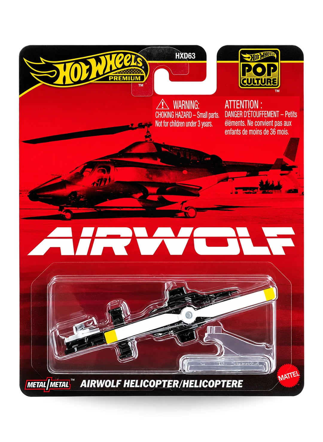Hot Wheels Premium Pop Culture Airwolf Helicopter premium diecast vehicle mint on its original retro action television show themed red card displaying a silhouette photo of the high-tech chopper.