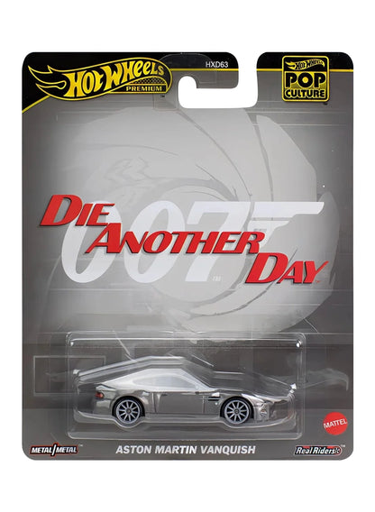 Hot Wheels Premium Pop Culture James Bond 007 Aston Martin Vanquish 1:64 scale premium diecast car mint on its original Die Another Day movie themed blister card.