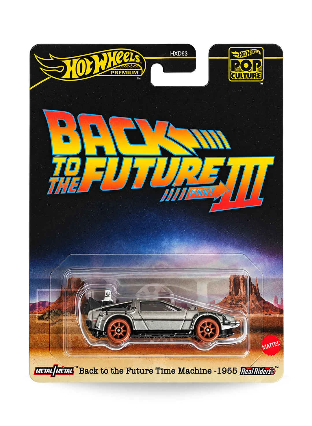 Hot Wheels Premium Pop Culture Back to the Future Part III Time Machine 1955 Version 1:64 scale premium diecast car mint on its original movie logo themed desert blister card.