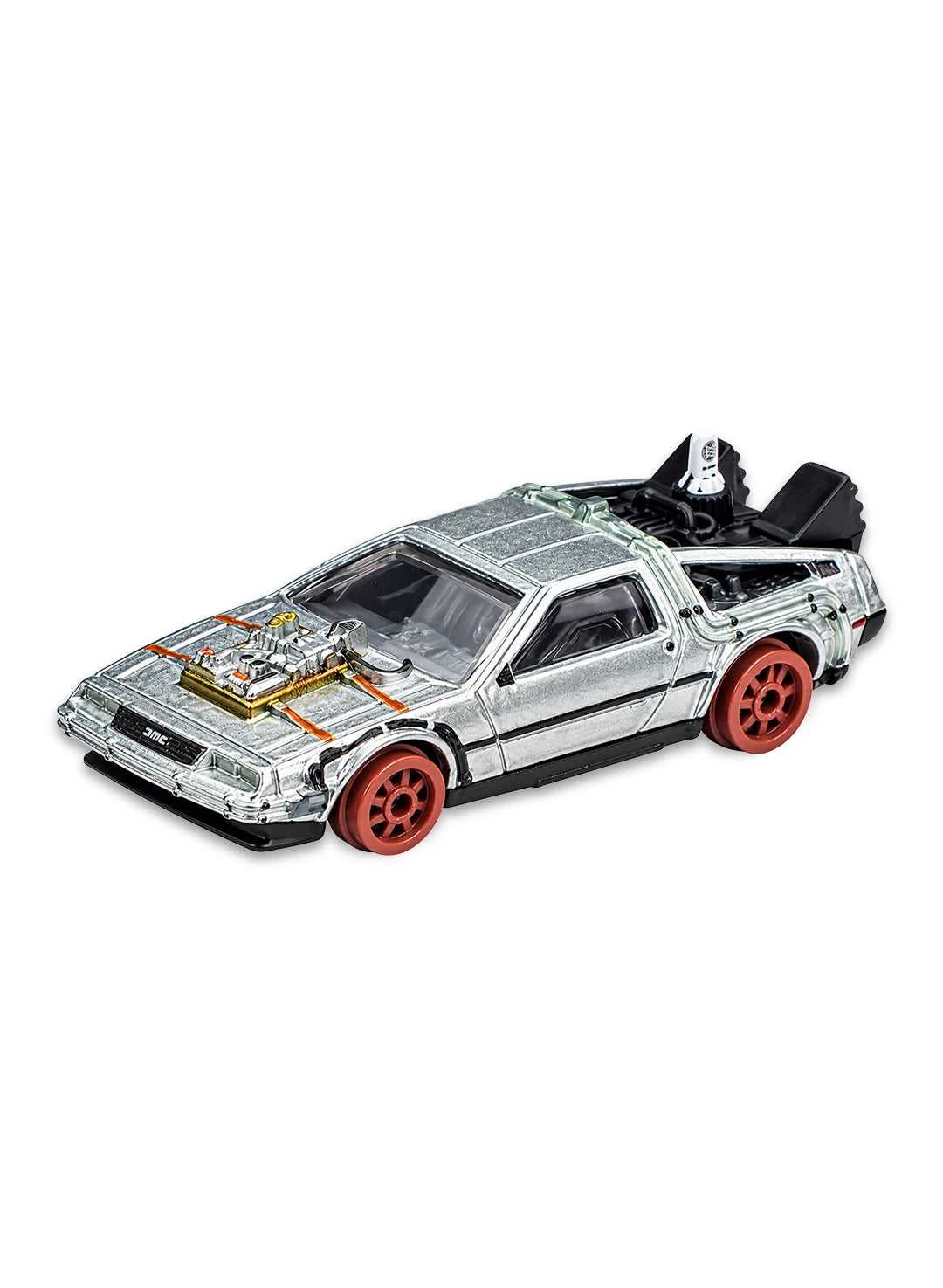 Close-up view of the brushed silver Hot Wheels Back to the Future Time Machine 1955 showing a hood-mounted circuit board tube detail and classic brown moon disc wheels.