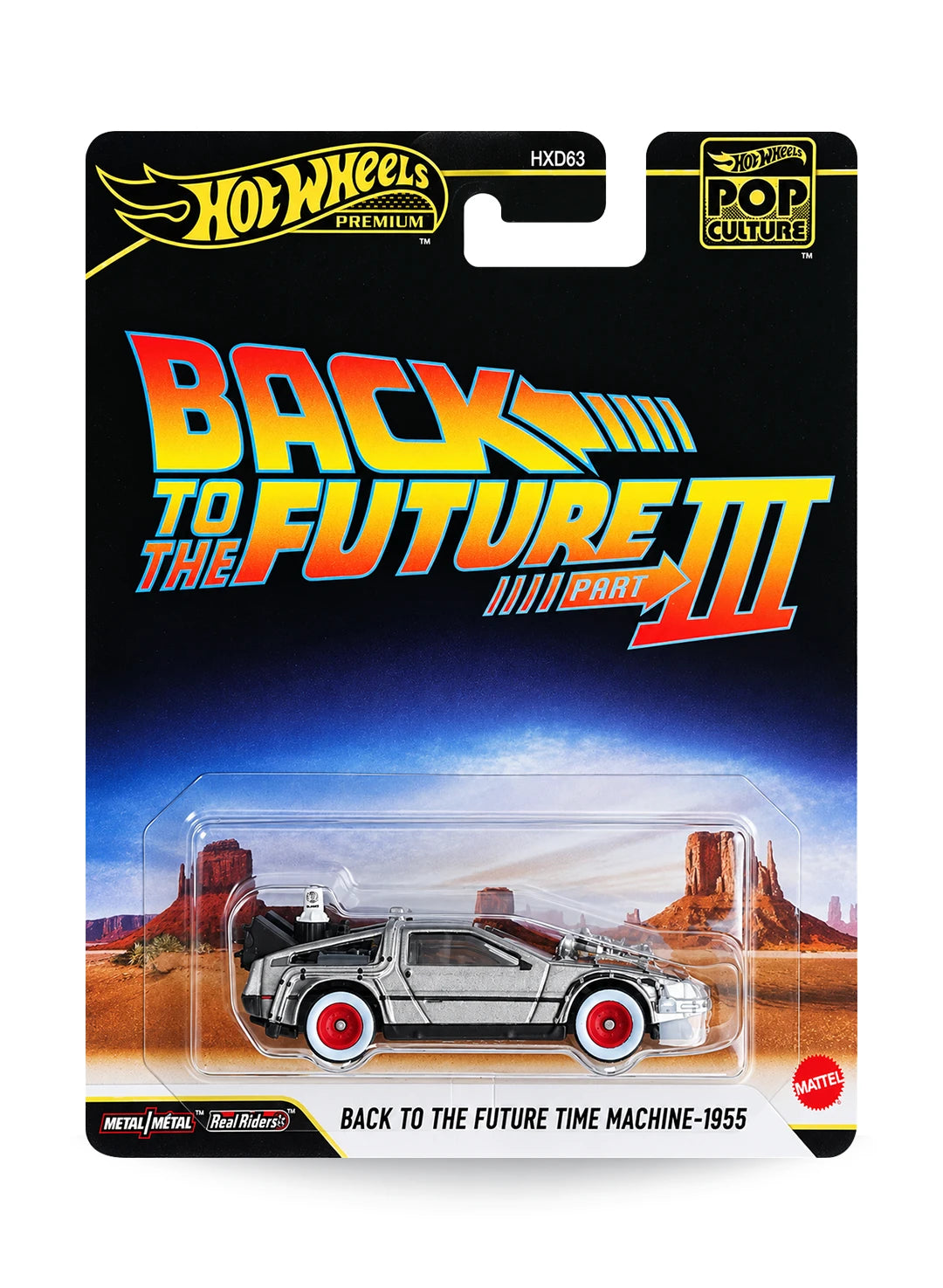 Hot Wheels Premium Pop Culture Back to the Future Part III Time Machine 1955 Version 1:64 scale premium diecast car mint on its original movie logo themed desert blister card.