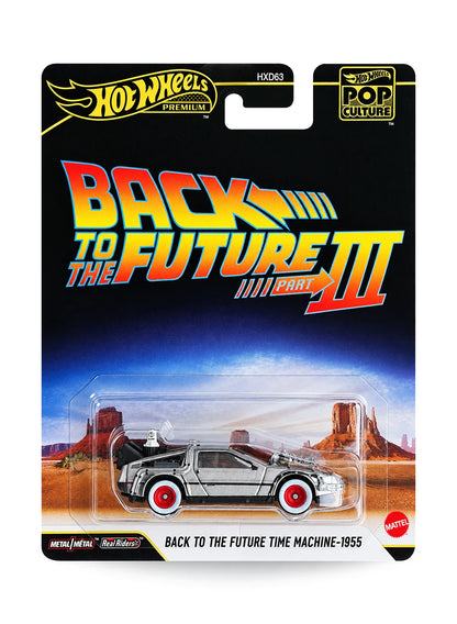 Hot Wheels Premium Pop Culture Back to the Future Part III Time Machine 1955 Version 1:64 scale premium diecast car mint on its original movie logo themed desert blister card.