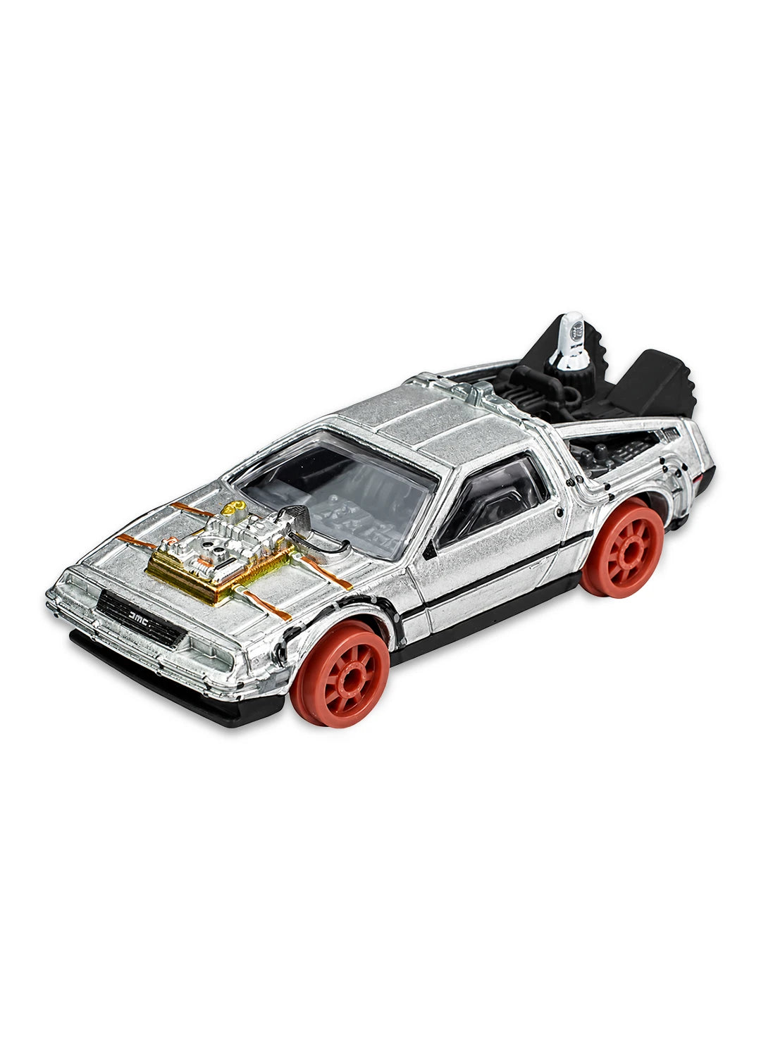 Close-up view of the brushed silver Hot Wheels Back to the Future Time Machine 1955 showing a hood-mounted circuit board tube detail and bright red wheels wrapped in vintage white wall tires.