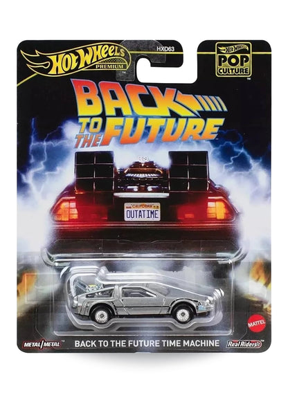 Hot Wheels Premium Pop Culture Back to the Future Time Machine 1:64 scale premium diecast car mint on its original movie poster blister card.