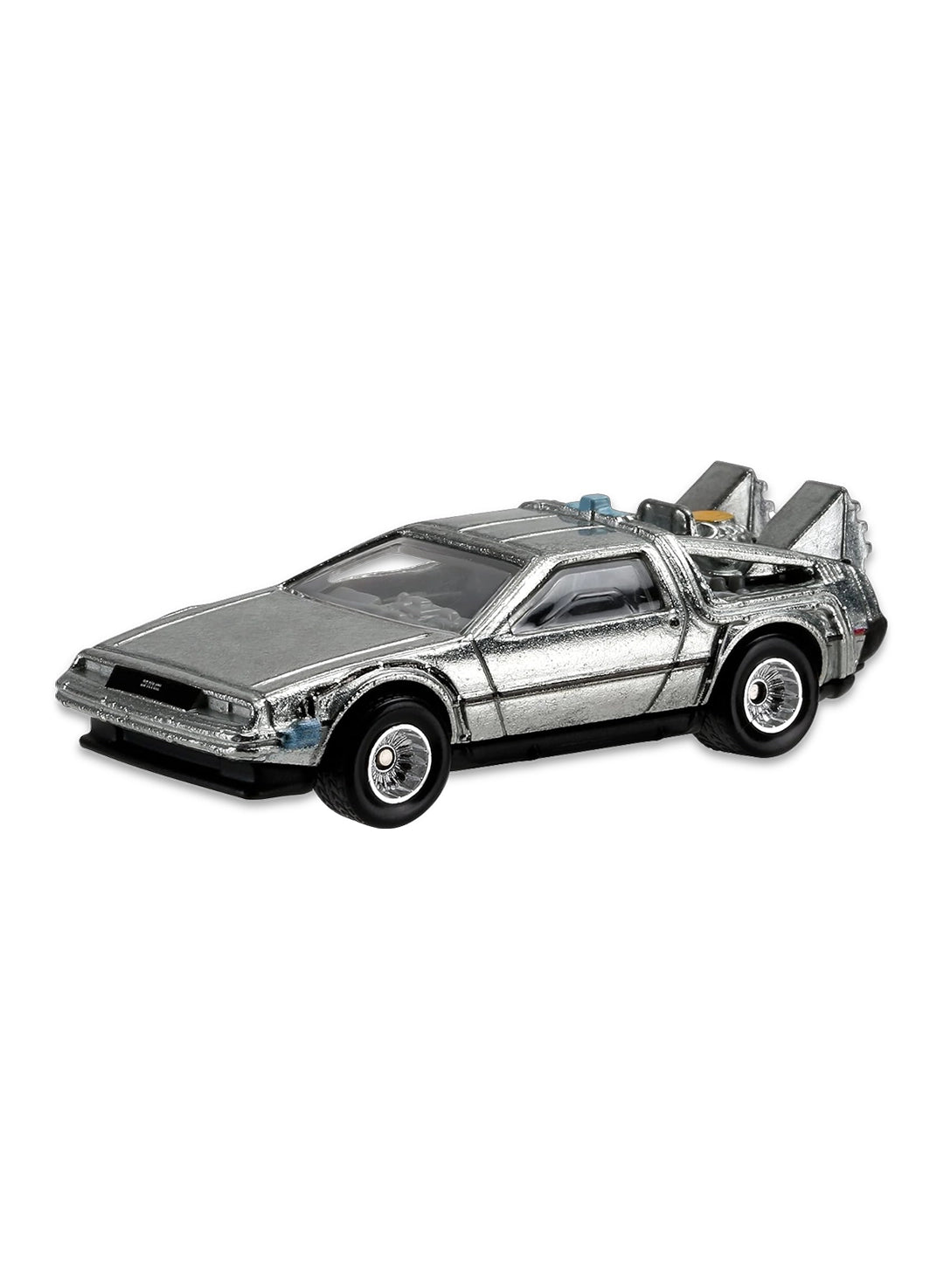 Close-up view of the brushed silver Hot Wheels Back to the Future Time Machine DeLorean showing rear nuclear reactor detailing, external cables, and silver mesh Real Riders wheels.
