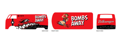 Bomb Away 07 placement preview for a 1:64 VW Panel Bus, with a red layout, shark-mouth side art,
BOMBS AWAY text and a roof pin-up.