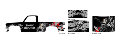Bone Reaper 01 placement preview for a 1:64 83 Chevy Silverado, with hooded skulls, red splashes,
grey slash textures and BORN TO REAP roof lettering.
