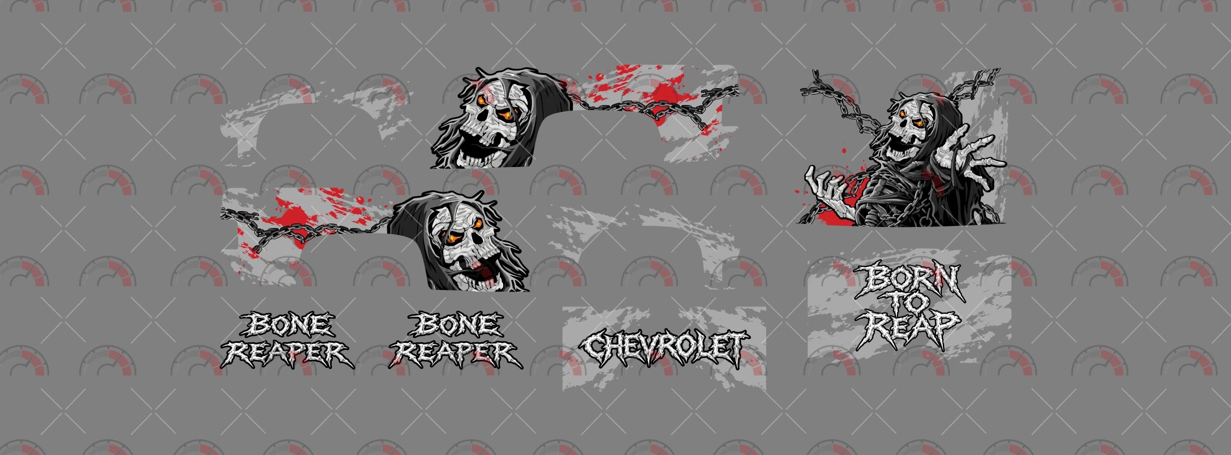 Bone Reaper 01 decal sheet artwork for a 1:64 83 Chevy Silverado, showing chained hooded skulls,
orange eyes and jagged BONE REAPER and CHEVROLET lettering.
