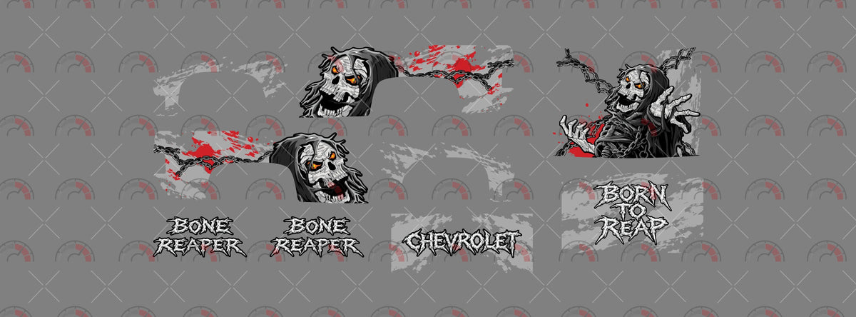 Bone Reaper 01 decal sheet artwork for a 1:64 83 Chevy Silverado, showing chained hooded skulls,
orange eyes and jagged BONE REAPER and CHEVROLET lettering.
