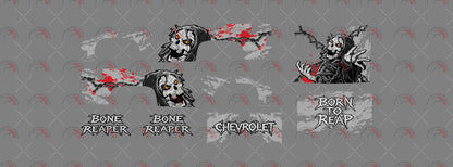 Bone Reaper 01 decal sheet artwork for a 1:64 83 Chevy Silverado, showing chained hooded skulls,
orange eyes and jagged BONE REAPER and CHEVROLET lettering.
