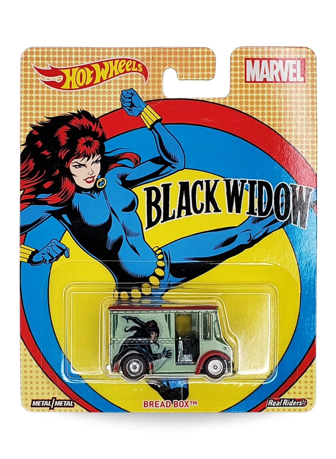 Hot Wheels Pop Culture Marvel Black Widow Bread Box 1:64 scale premium diecast van mint on its original retro comic art blister card.