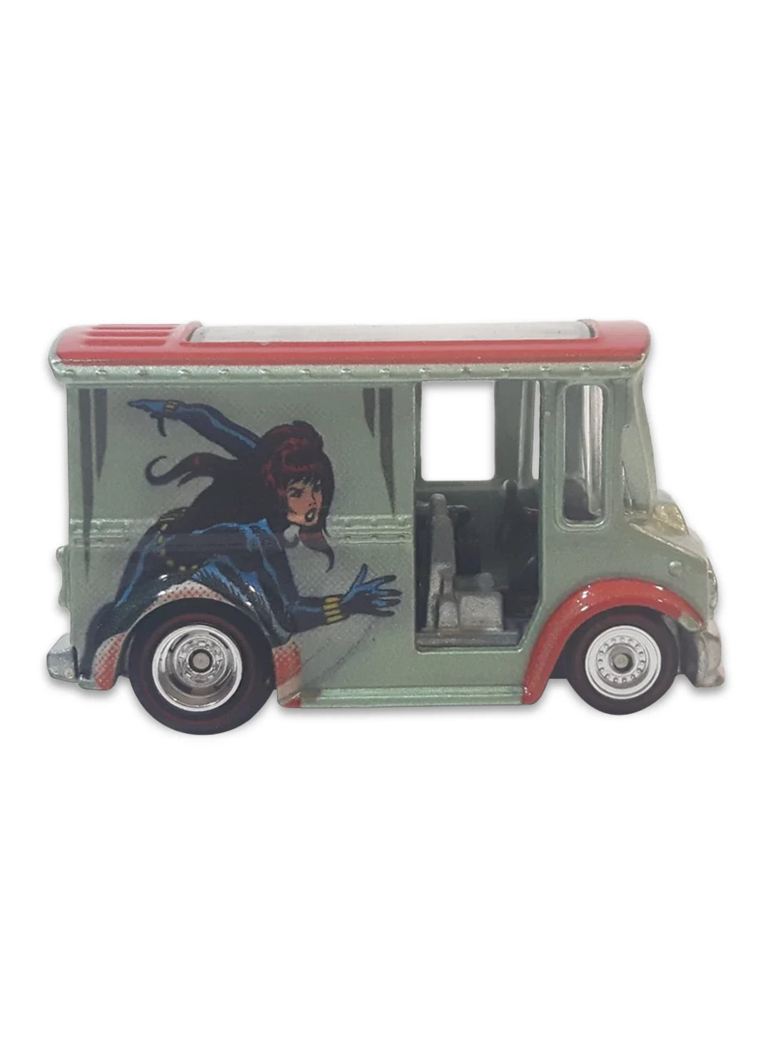 Close-up view of the grey Hot Wheels Black Widow Bread Box truck showing its red roof, side comic panels, and chrome Real Riders wheels.