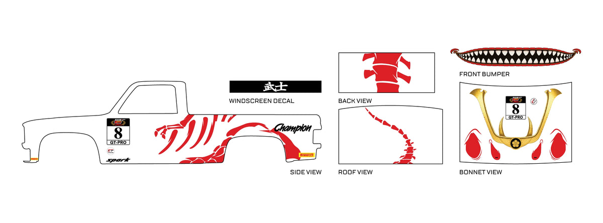 Bushi Rex preview for a 1:64 83 Chevy Silverado: red dinosaur bones, number 8, a roof spine and gold
samurai bonnet art