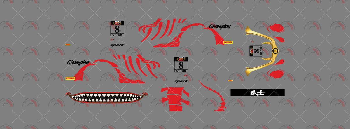 Bushi Rex decal sheet for a 1:64 83 Chevy Silverado: red skeleton sides, a tailgate spine section,
number 8 and gold helmet artwork.