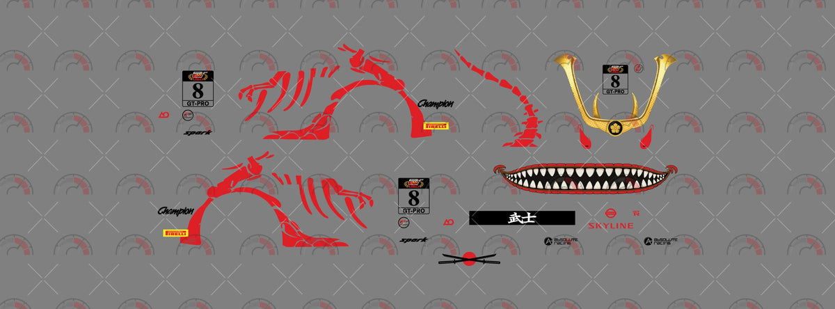 Bushi Rex decal sheet for a 1:64 Nissan Skyline GT-R R34: red dinosaur bones, roof spine, gold helmet,
number 8 and crossed swords.
