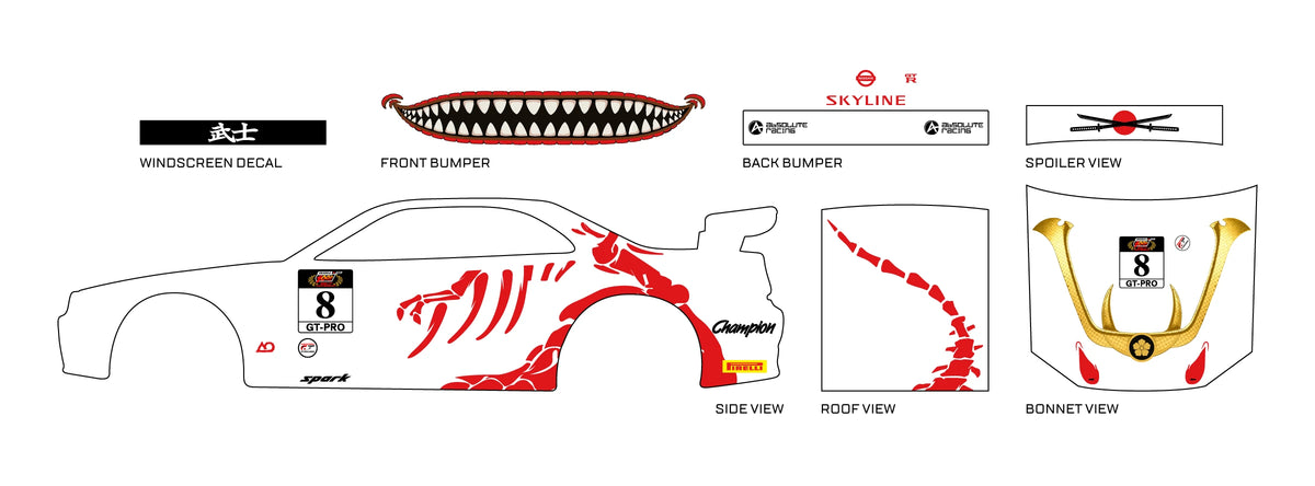 Bushi Rex preview for a 1:64 Nissan Skyline GT-R R34: red bones, number 8, a gold bonnet helmet and
crossed-sword spoiler artwork