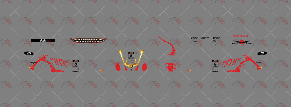 Bushi Rex decal sheet for a 1:64 Porsche 911 GT3 RS: red bones, a curved spine, gold helmet, number
8 and crossed swords.