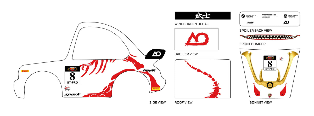 Bushi Rex preview for a 1:64 Porsche 911 Turbo 3.6: red dinosaur bones, number 8, a tooth-filled
bumper mouth and gold bonnet helmet.