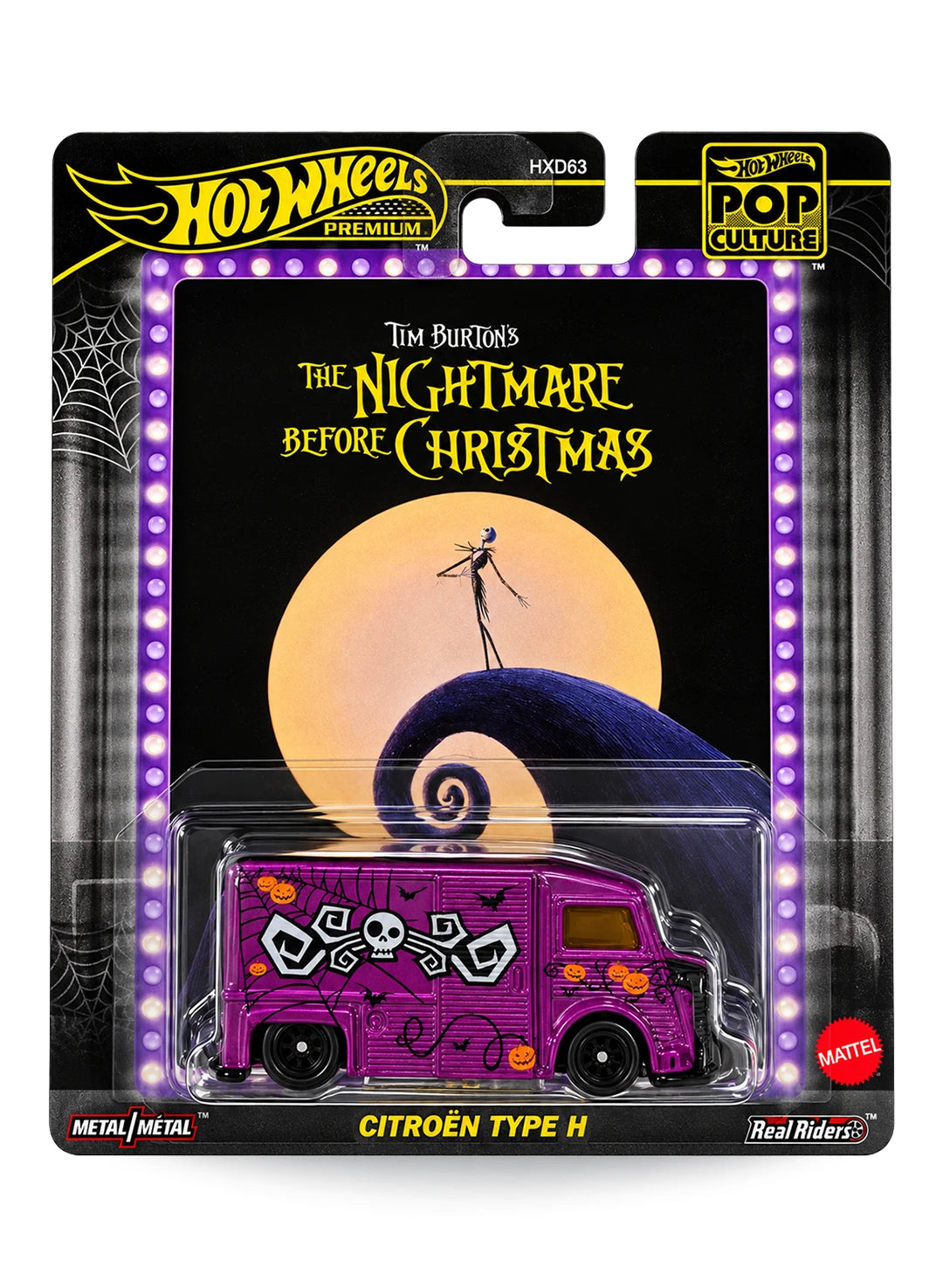 Hot Wheels Premium Pop Culture Tim Burton's The Nightmare Before Christmas Citroën Type H 1:64 scale premium diecast delivery van mint on its original movie poster themed blister card with purple border lights.