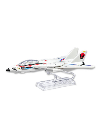 Close-up view of the off-white Hot Wheels G.I. Joe Grumman F-14 Tomcat jet showing red and blue stripes, a clear cockpit canopy, and detailed wing insignias.
