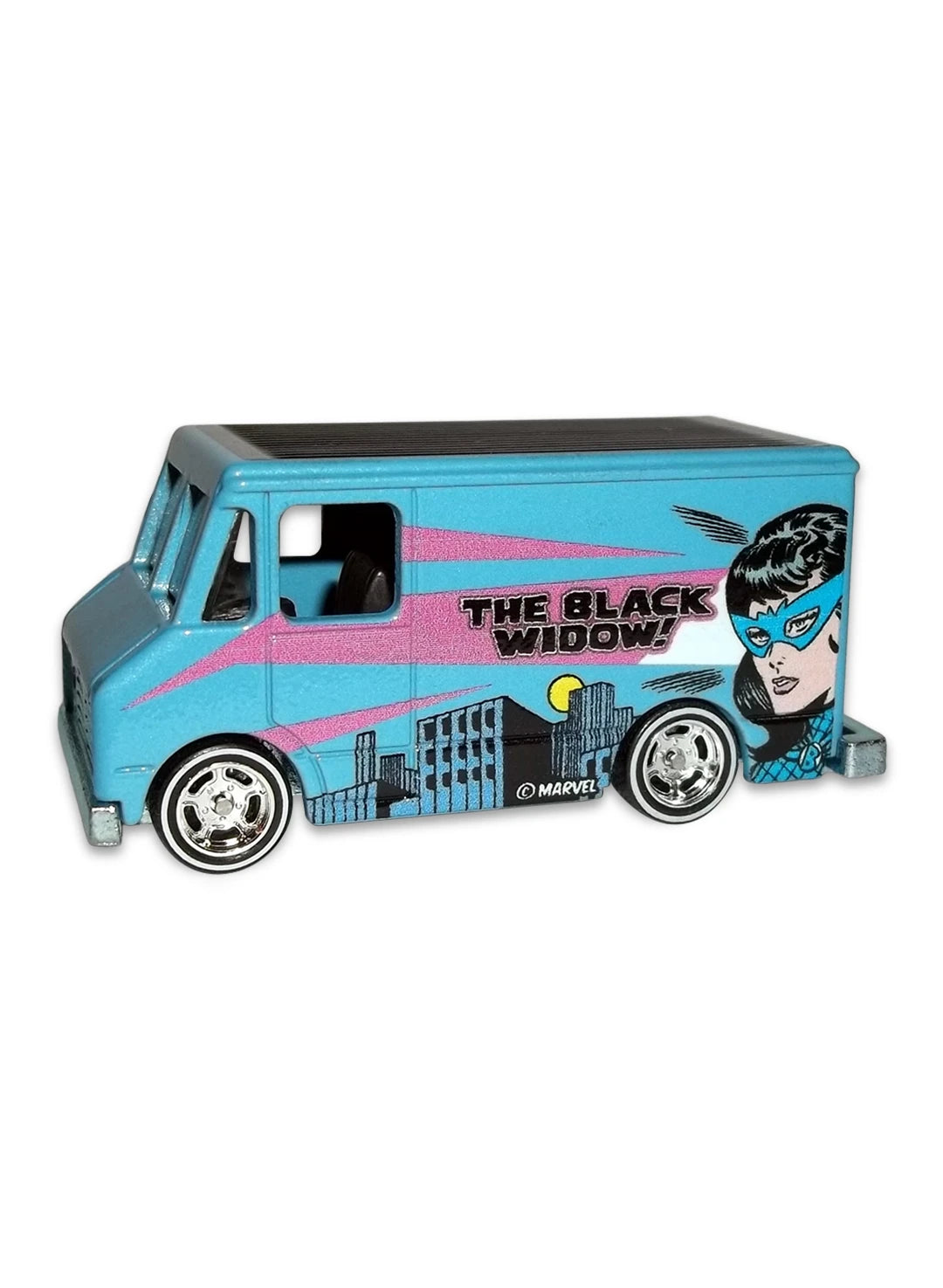 Close-up view of the cornflower blue Hot Wheels The Black Widow Combat Medic van showing side action graphics and deep-dish chrome Real Riders wheels.