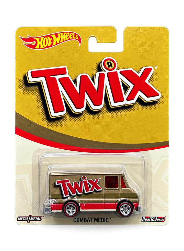 Hot Wheels Premium Pop Culture Mars Candy Twix Combat Medic 1:64 scale diecast van mint on its original gold textured blister card.