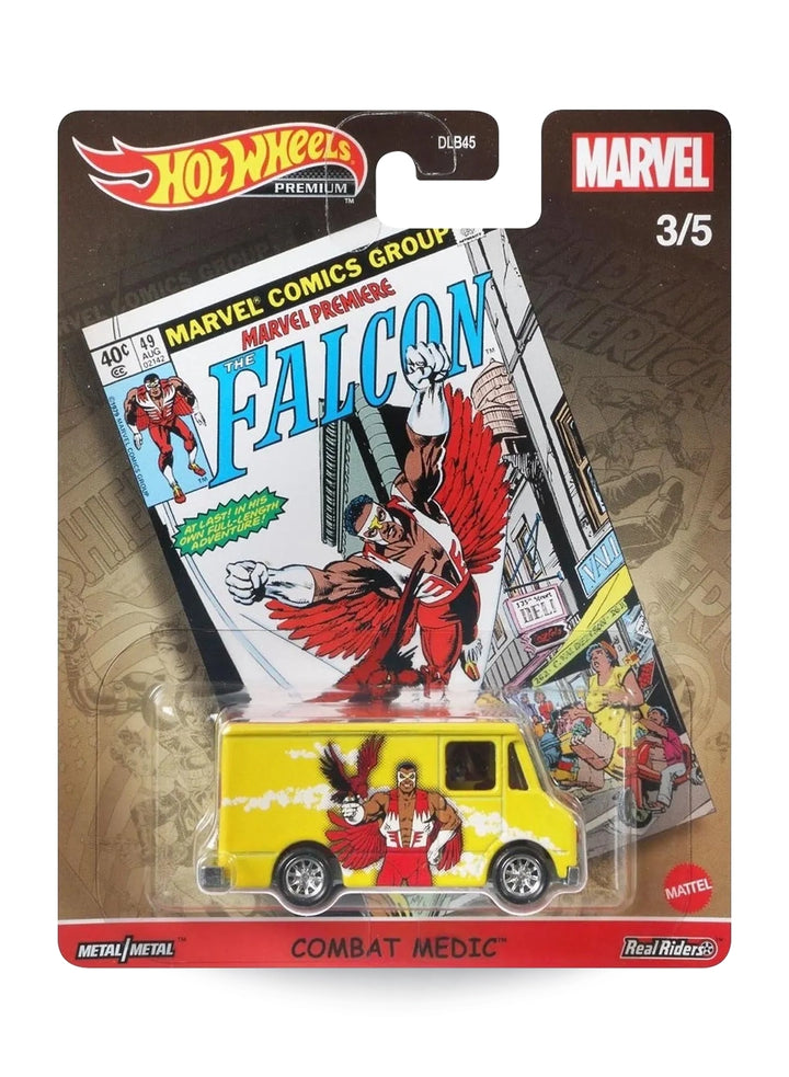 Hot Wheels Pop Culture Marvel The Falcon Combat Medic 1:64 scale premium diecast van mint on its original retro comic cover card.