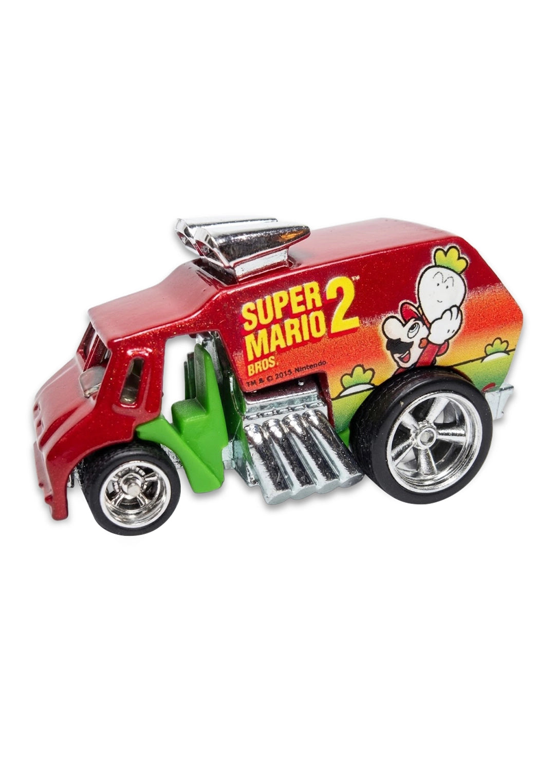 Close-up view of the metallic red Hot Wheels Super Mario Bros. 2 Cool-One truck showing side vegetable graphics and chrome 5-spoke Real Riders wheels.