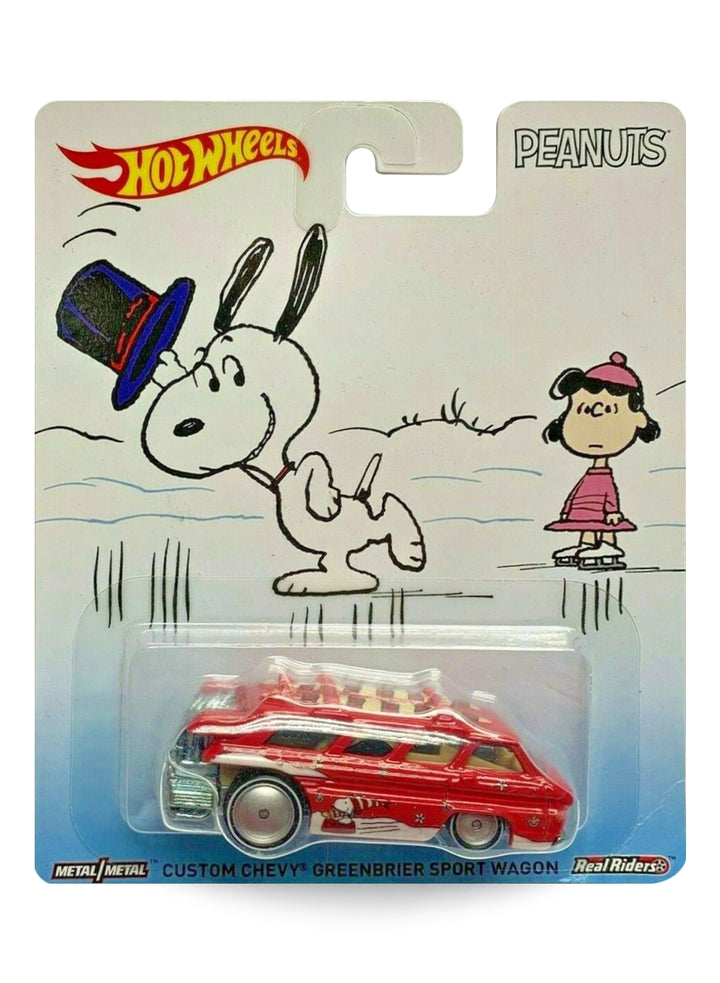 Hot Wheels Pop Culture Peanuts Custom Chevy Greenbrier Sport Wagon 1:64 scale premium diecast car mint on its original Snoopy ice skating blister card.
