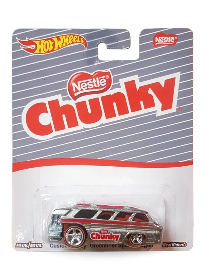 Hot Wheels Pop Culture 2016 Nestlé Chunky Custom Chevy Greenbrier Sports Wagon 1:64 scale premium diecast car mint on its original silver striped candy card.