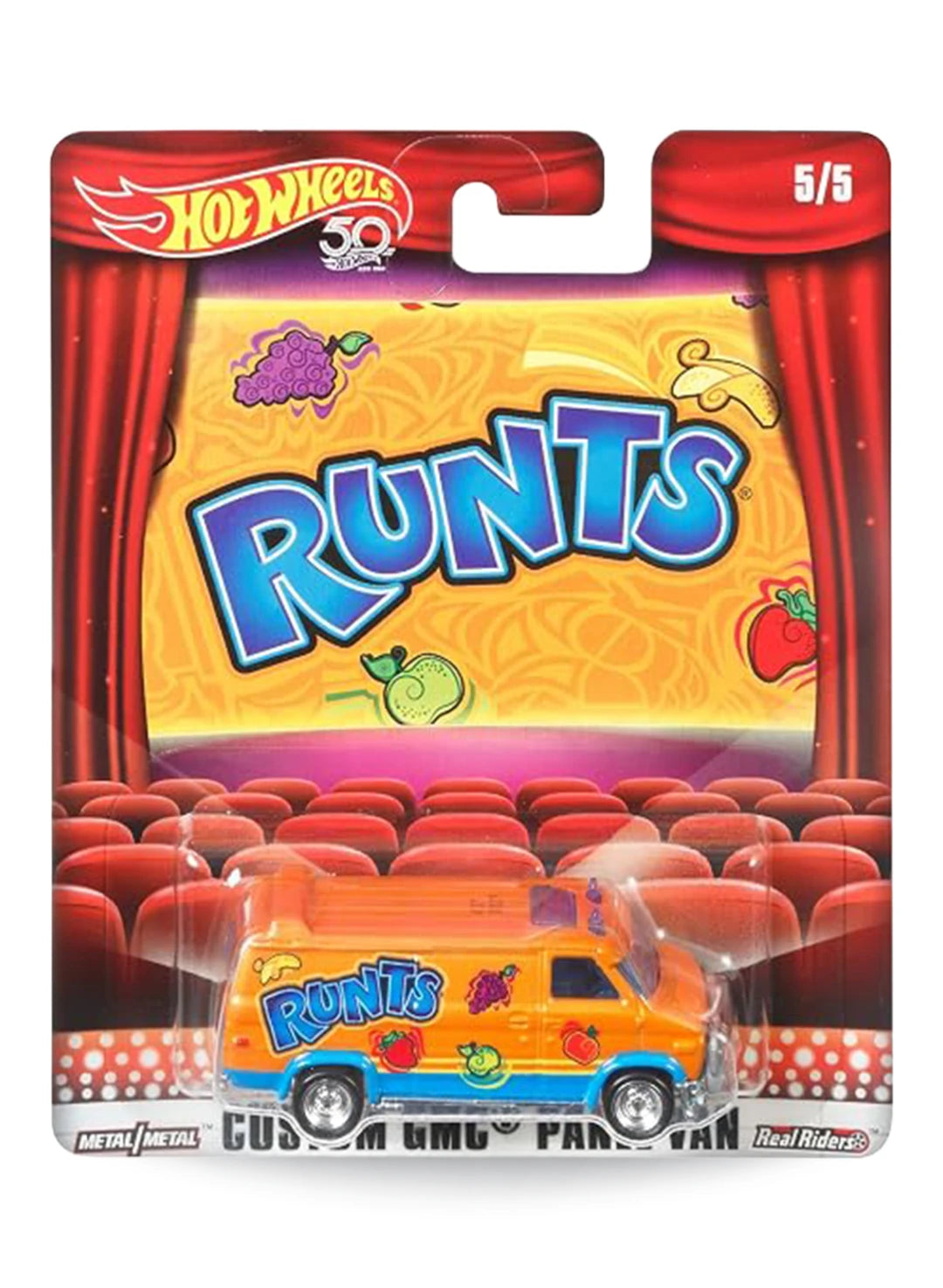 Hot Wheels Pop Culture Wonka Runts Custom GMC Panel Van 1:64 scale premium diecast van mint on 50th anniversary movie theater card.