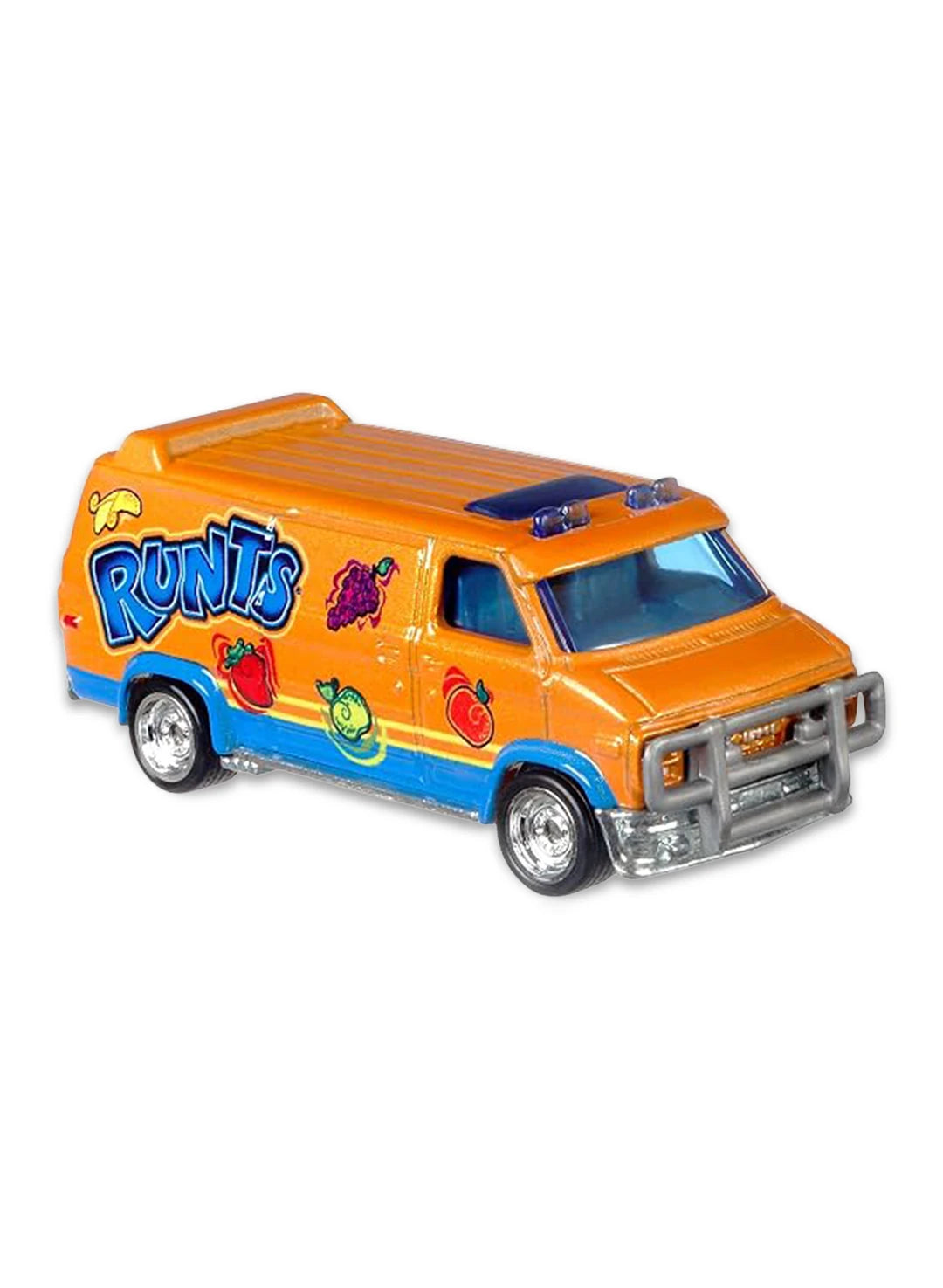 Close-up view of the orange Hot Wheels Runts Custom GMC Panel Van showing light blue panels, fruit graphics, and chrome Real Riders wheels.