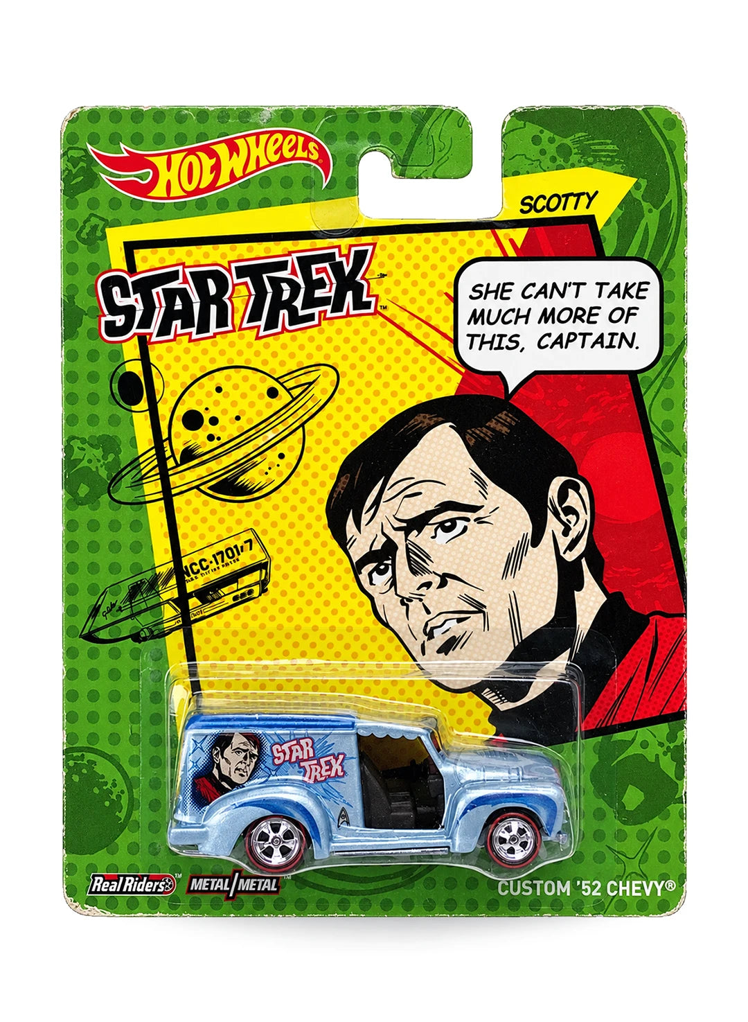 Hot Wheels Pop Culture Star Trek Custom '52 Chevy 1:64 scale diecast van mint on its original Scotty comic art blister card.