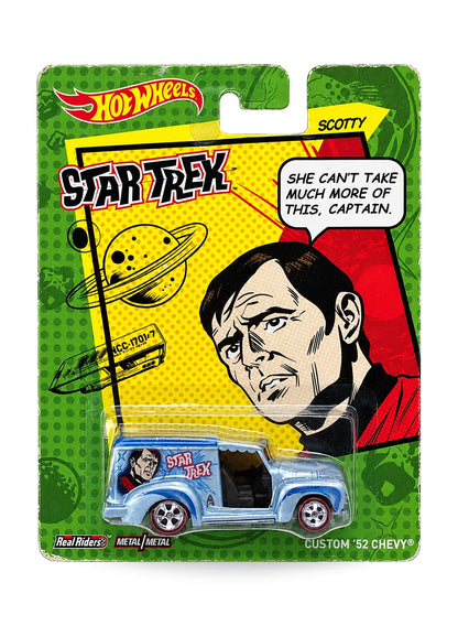 Hot Wheels Pop Culture Star Trek Custom '52 Chevy 1:64 scale diecast van mint on its original Scotty comic art blister card.