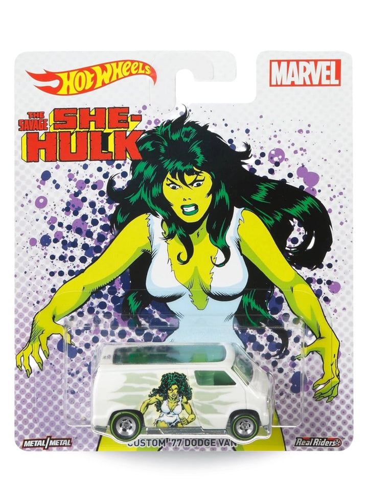 Hot Wheels Pop Culture Marvel The Savage She-Hulk Custom '77 Dodge Van 1:64 scale premium diecast van mint on its original retro comic art blister card.