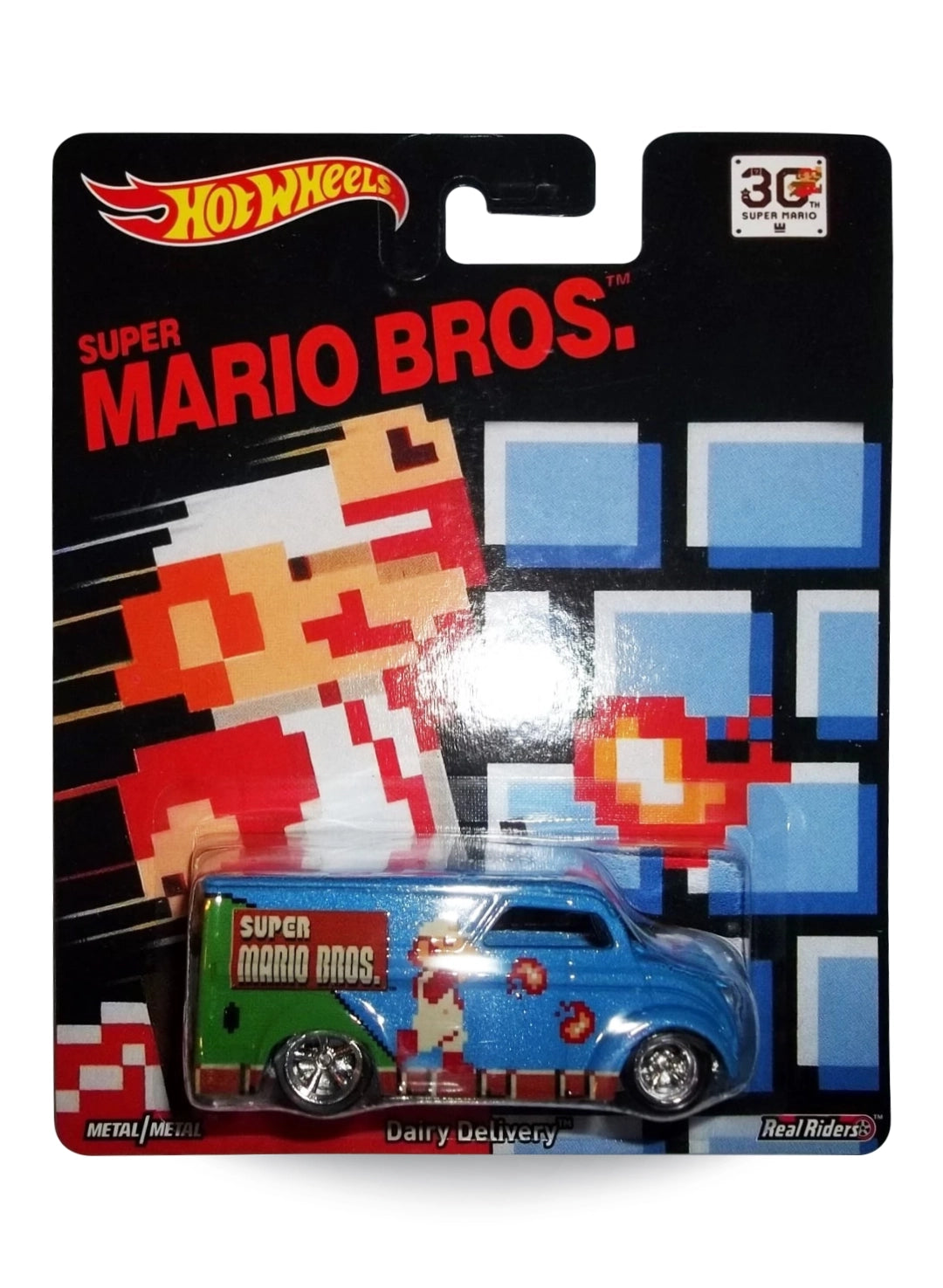 Hot Wheels Premium Pop Culture Super Mario Bros. Dairy Delivery 1:64 scale diecast truck mint on its original retro NES 30th Anniversary blister card.