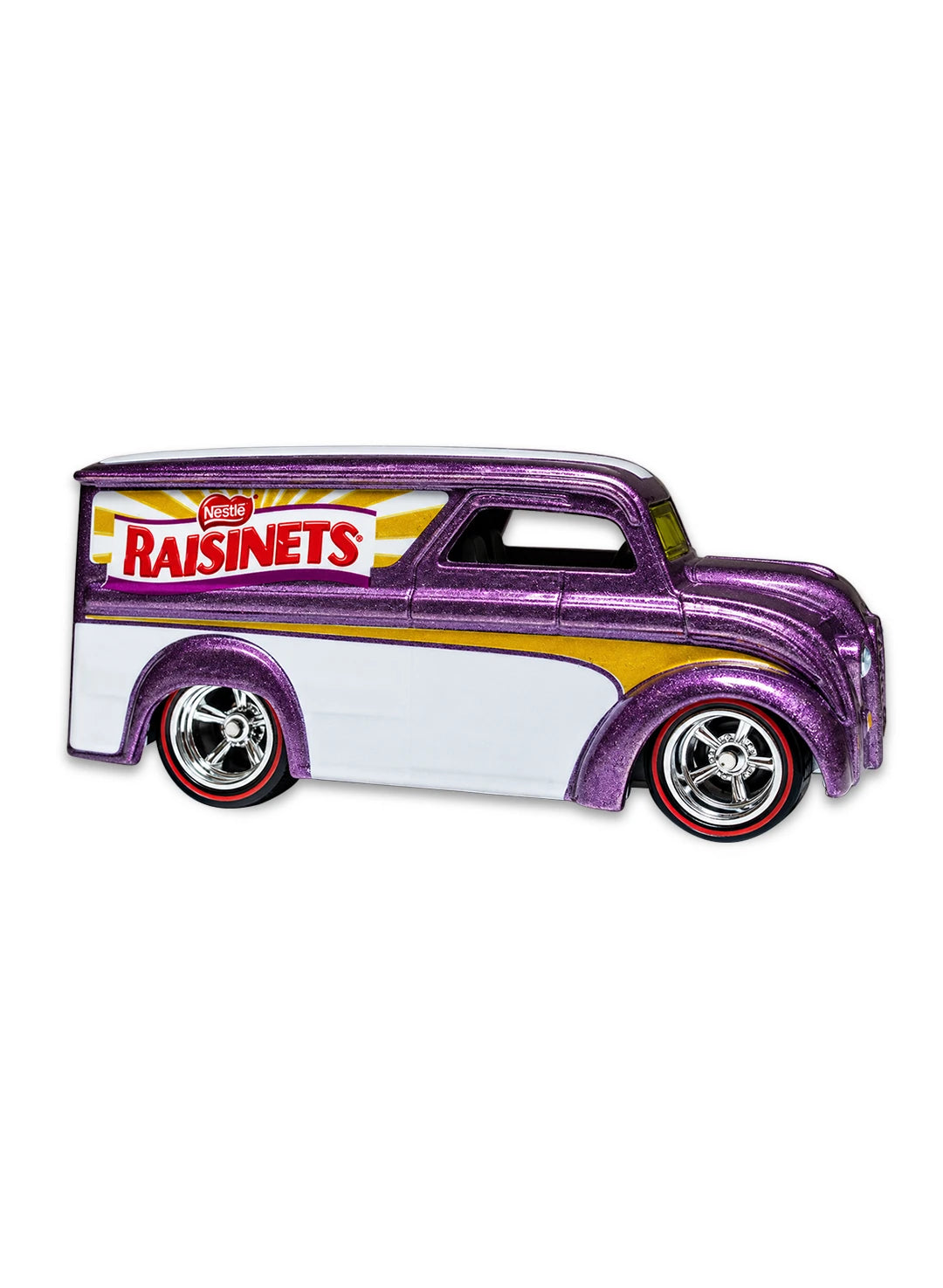 Close-up view of the gray and white Hot Wheels Raisinets Dairy Delivery truck showing side graphics and chrome Real Riders wheels.