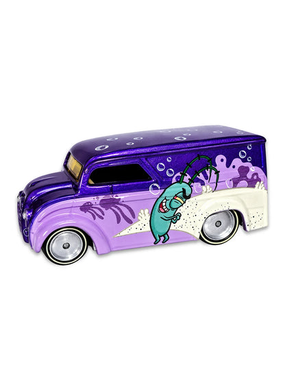 Close-up view of the metalflake purple Hot Wheels Plankton Dairy Delivery truck showing side graphics and solid dish Real Riders wheels.