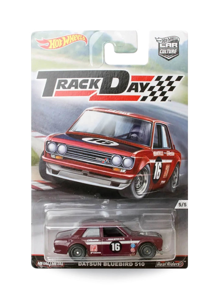 Hot Wheels Car Culture Track Day Datsun Bluebird 510 1:64 scale premium diecast car mint on its original 5/5 numbered series blister card showcasing an aggressive red vintage JDM tuner.