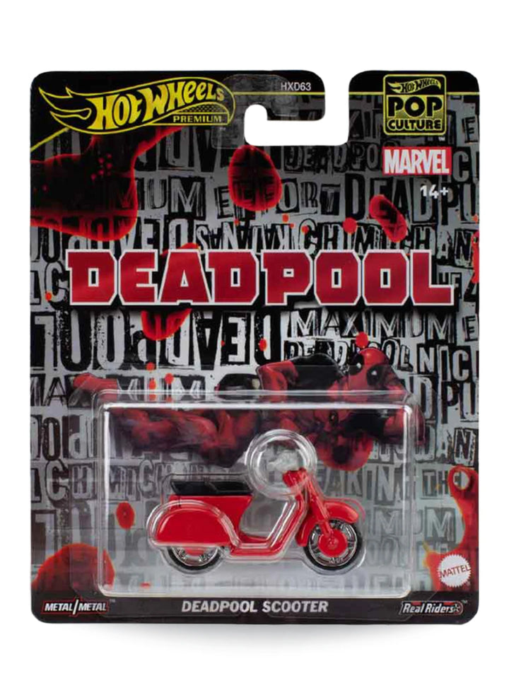 Hot Wheels Premium Pop Culture Marvel Deadpool Scooter premium diecast novelty vehicle mint on its original comic text collage themed blister card.