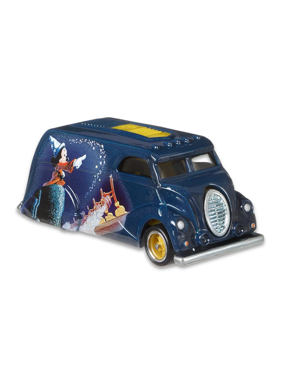 Close-up view of the metallic dark blue Hot Wheels Fantasia Deco Delivery truck showing magical graphics and gold chrome Real Riders wheels.