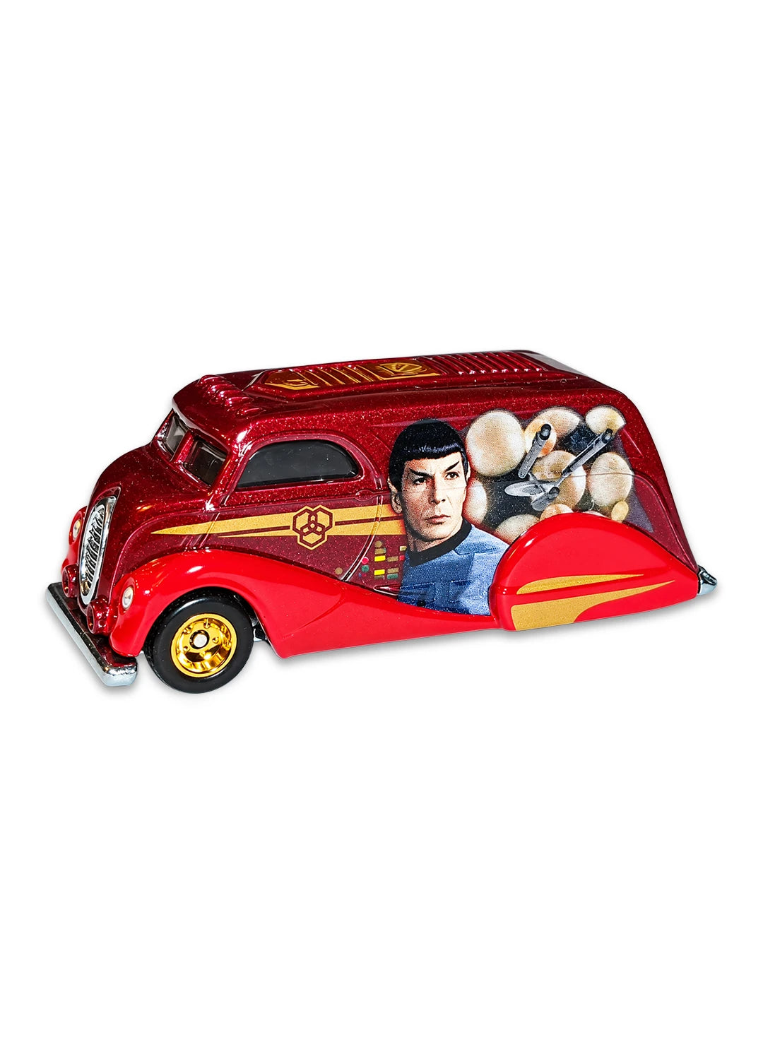 Close-up view of the deep burgundy and red Hot Wheels Star Trek 50th Anniversary Spock Deco Delivery truck showing side graphics and chrome Real Riders wheels.