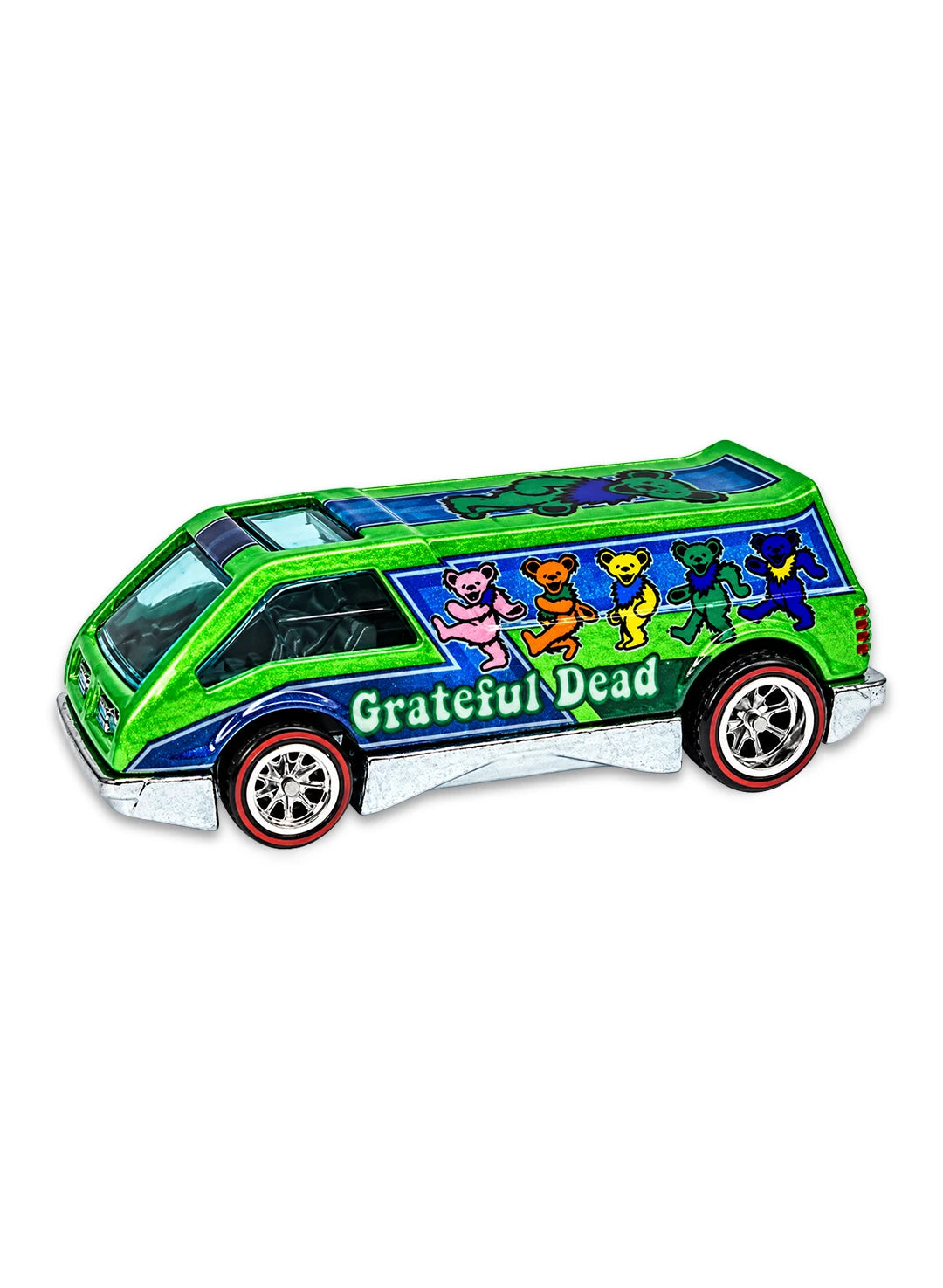 Close-up view of the metalflake green Hot Wheels Grateful Dead Dream Van XGW Panel showing side dancing bears graphics and redline Real Riders wheels.