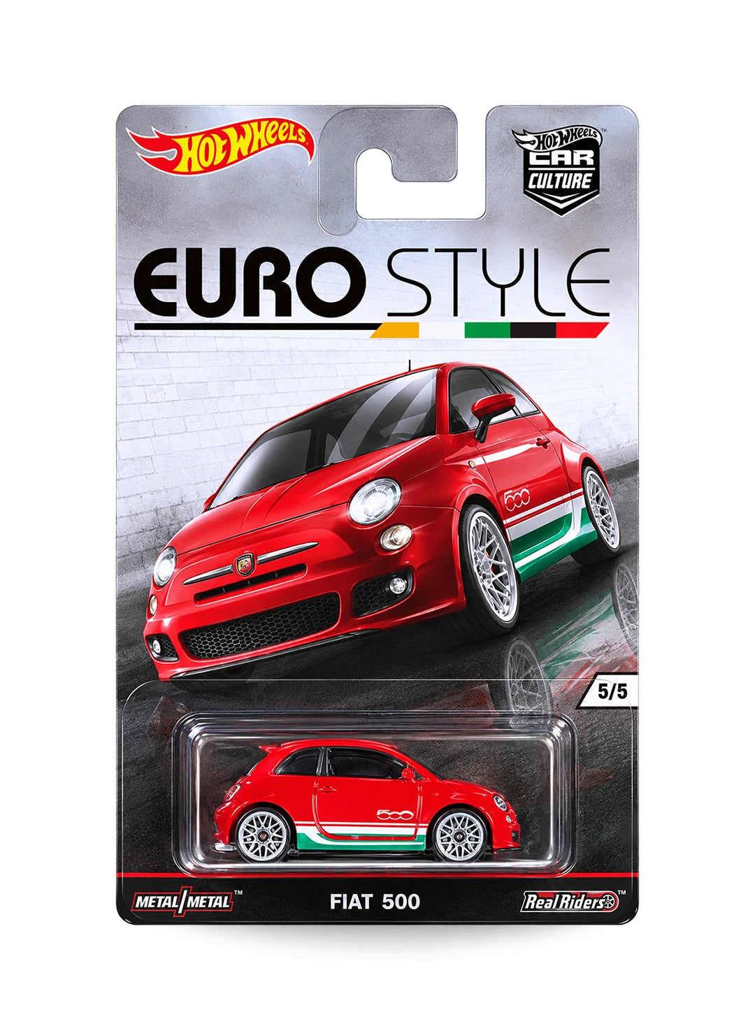 Hot Wheels Car Culture Euro Style Fiat 500 1:64 scale premium diecast micro car mint on its original brick wall scenery 5/5 blister card showcasing an aggressive red hatchback.